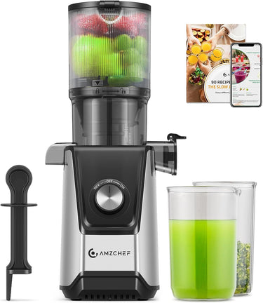 AMZCHEF 200W Licuadora prensado en frio - Licuadora de chunte de 108MM para verduras y frutas entera - Silencioso extractor de zumos y verduras antigoteo con función inversa y filtro de doble capa